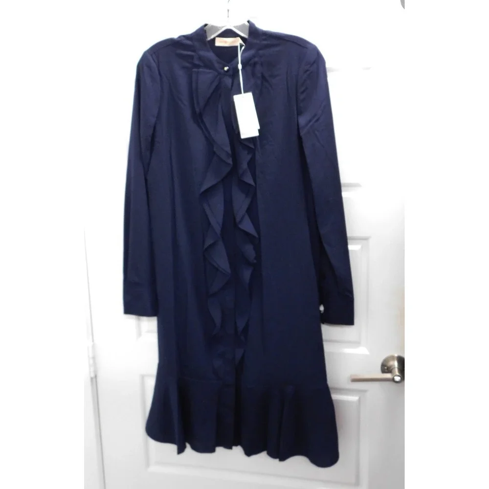 $425 NWT TORY BURCH JANE SHIRT DRESS DROP WAIST CREPE DE CHINE RUFFLE NAVY SZ 0